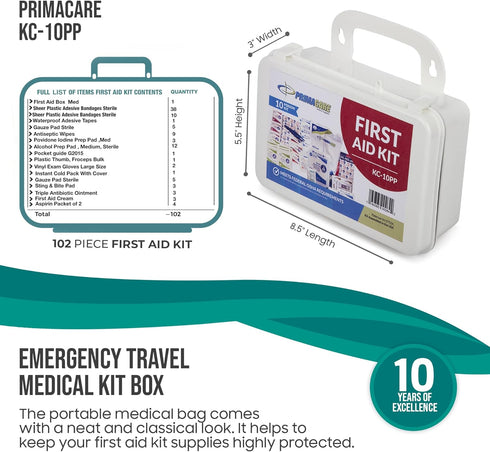 Primacare KC-10PP 10 Person Compact First Aid Kit, 102 Pieces Emergency Medical Supplies, Portable Kits for Home,