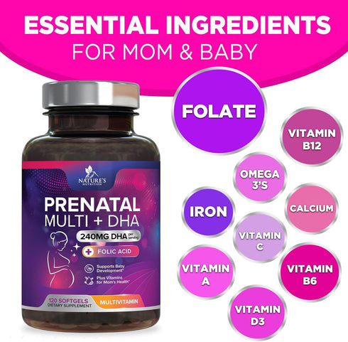 Women's Prenatal Multivitamin with Folic Acid + DHA, 120 Softgels - Prenatal Vitamin Supplement for Fetal Support