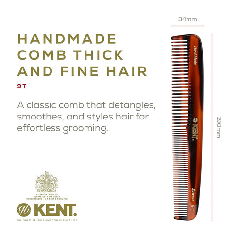 Kent 9T Tortoise Fine and Wide Tooth Detangler Hair Comb - Large Handmade Dressing Comb for Wet and Dry Hair