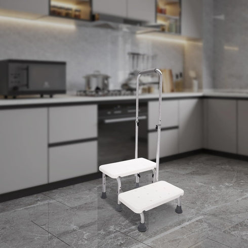 RENFANSHOP 2-Step Heavy-Duty Stool with Handle for Elderly - Non-Slip Bedside Steps with Adjustable Handrail, Foot