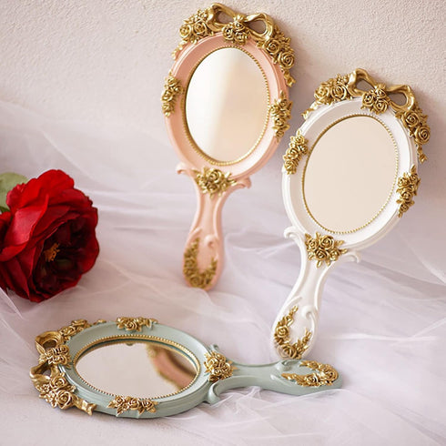 Nerien Handheld Mirror, Vanity Makeup Mirror, Travel Metal Cosmetic Mirror, Oval Embossed Rose Design, Pink