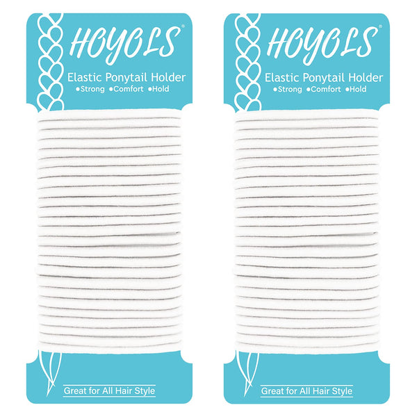 Hoyols 50 Count Ponytail Holders - No Metal Braided Hair Bands for Thick Fine Curly Hair, Elastic Thick Tie (White, 4mm)