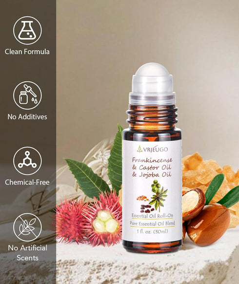 VRJEUGO 100% 30ML Organic Frankincense, Castor & Jojoba Oil Roll-On Pure Essential Oil Blend for Face & Body |