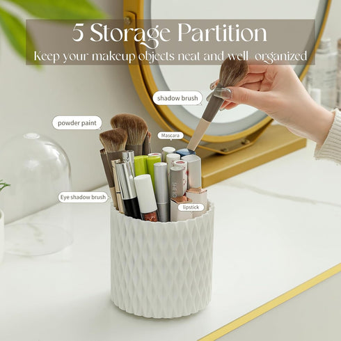 360 Rotating Makeup Brush Holder Organizer, 5 Slot Cup for Cosmetics, Lipsticks, Art Supply, Bathroom Vanity (White
