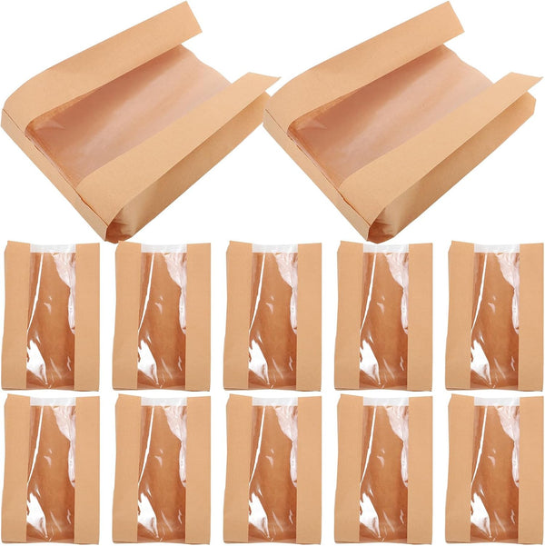 OFFIGAM 50pcs Kraft Paper Bakery Bread Bags with Window Large Size Greaseproof Food
