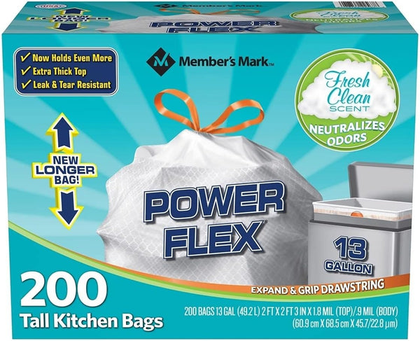 MEMBERS MARK Member's Mark Tall Kitchen Drawstring Bags (13 Gallon, 200 Count) - Fresh