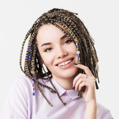 Holibanna 3pcs Hair Braid Rings, Blue Evil Eye Hair Jewelry Dreadlock Long Gold Metal Spiral Coil Beads