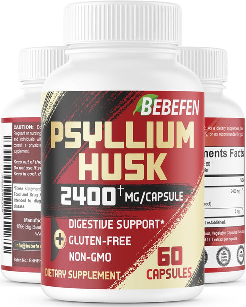 BEBEFEN Psyllium Husk Capsules 2400mg with Black Pepper - 2 Month Supply, Non-GMO, Gluten-Free Daily Fiber