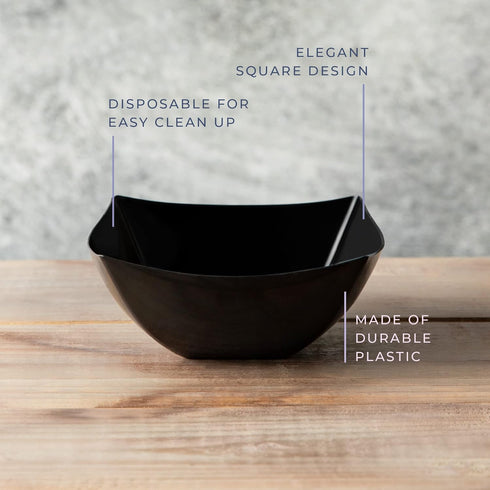 PLASTICPRO Disposable Square Serving Bowls, 4 Pack 16 Ounce Black Snack or Salad Bowls