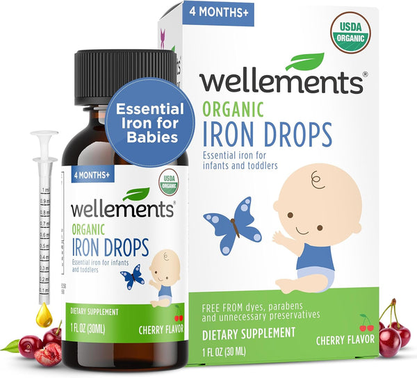 Wellements Organic Iron Drops for Newborn+ Babies (1 Fl Oz) - Cherry Flavor Liquid Iron Supplement for Infants -