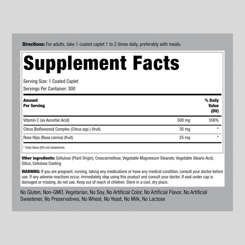 Piping Rock Vitamin C 500 mg with Bioflavonoids & Rose Hips | 300 Caplets | Vegetarian, Non-GMO, Gluten Free Supplement