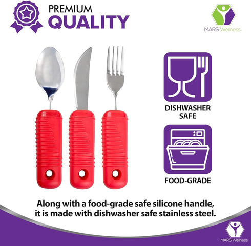 3 Piece Super Easy Grip Flatware Set - Red Fork, Knife, and Spoon, Bendable Built Up