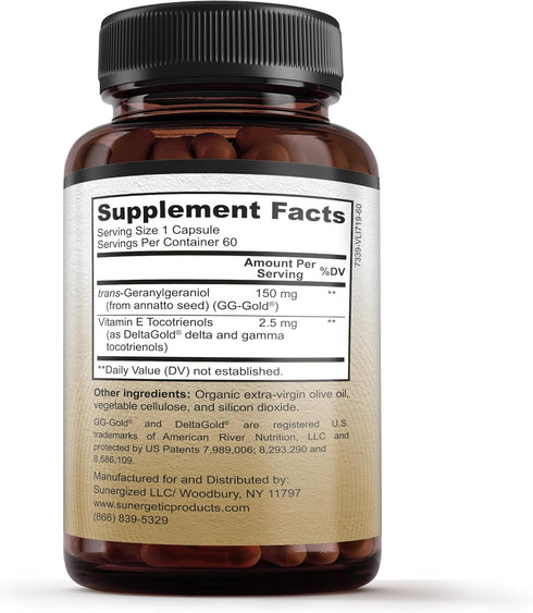Sunergetic Premium Geranylgeraniol Supplement - GG-Gold 150mg with Vitamin E Tocotrienols - 60 Capsules