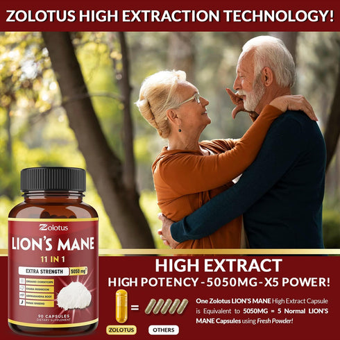5X Potency 2 Packs 90 Capsules Lions Mane Mushroom Supplement, 5050mg, 6 Month Supply with Cordyceps, Reishi,