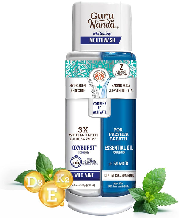 GuruNanda Dual Barrel Oxyburst Whitening Mouthwash: 20 Fl Oz, Alcohol & Fluoride Free, Wild Mint Flavor, Natural Oils