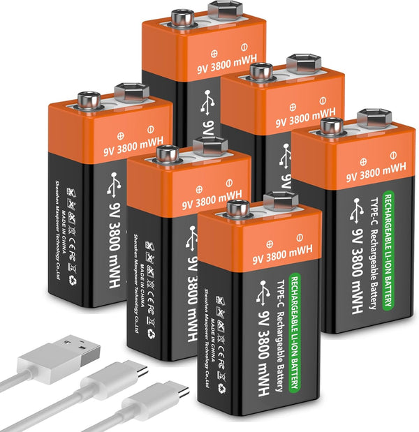 TAYUZH 6Pack 9V Rechargeable Battery 3800mWh 9 V High Capacity Lithium Batteries for