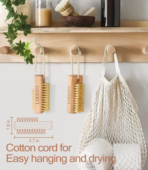 Nail Brush for Cleaning Fingernails, 2 Pack Wooden Brushes, Two-sided Scrub Brush with Hanging Rope (Beechwood)