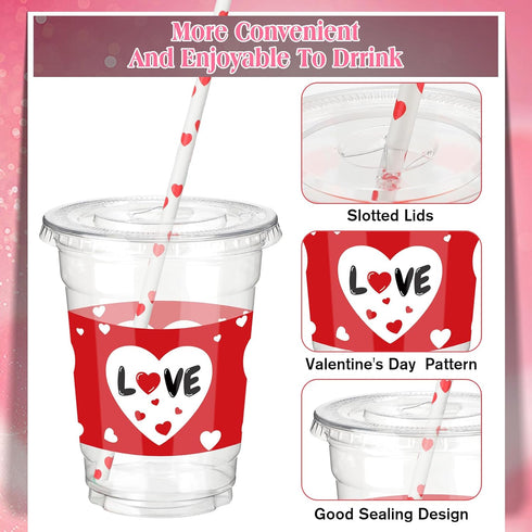 Yaomiao 300 12 oz Set Pcs Valentine's Day Plastic Party Cups with Lids and Straw Valentine's Day Plastic Cup Heart