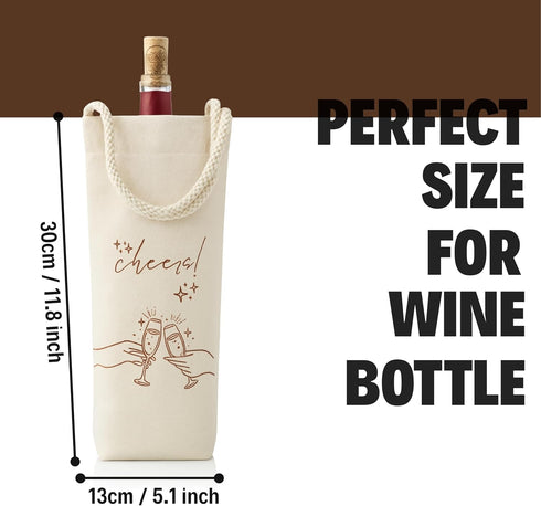WN27 Jacob Bicerri Reusable Canvas Wine Gift Bag with Rope Handle - Cheers Printed Bottle Tote for Parties, Weddings