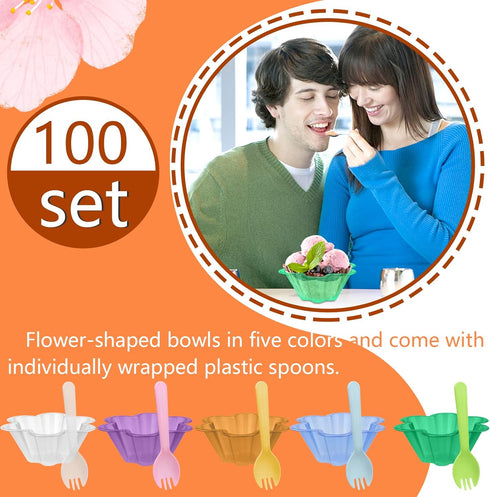 100 Pack 8oz Ice Cream Cups, Flower Shape Plastic Dessert Bowls for Fruit, Yogurt, Sundae, Appetizers (Colorful)