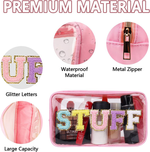 Iqimott Preppy Patch Clear Makeup Stuff Bag, Women Chenille Letter Cosmetic Bag for Travel, Waterproof Zipper Pouch