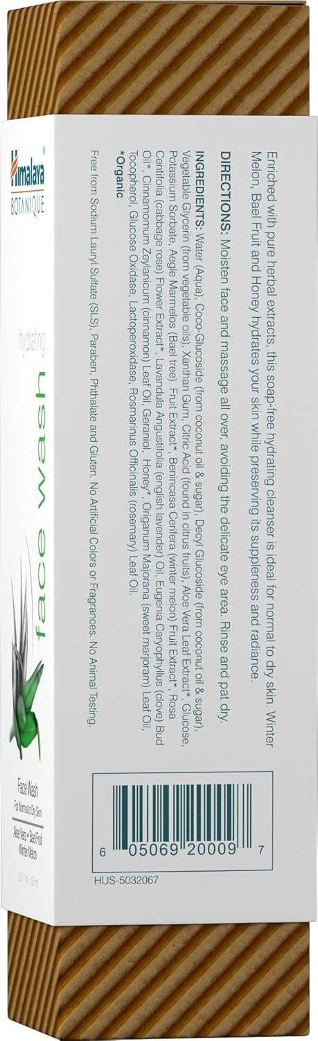 Himalaya Botanique Aloe Vera Hydrating Face Wash, 5.07 oz, Deep Cleansing and Ultra Moisturizing for Dry, Itchy Skin
