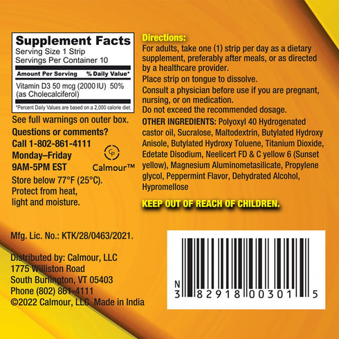 CALMOUR Vitamin D3 Strips | 2000 IU Oral Dissolvable Strips | 10 Pack | Peppermint Flavor, Boost Immunity & Focus