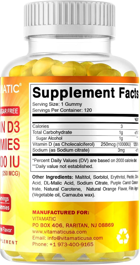 Vitamatic Sugar Free Vitamin D3 10000 IU - 120 Pectin Based Gummies - Great Taste, Healthy Bones & Immune Function