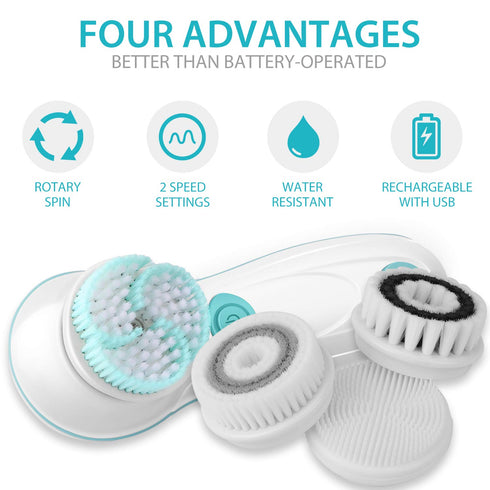 Rechargeable Facial Cleansing Spin Brush Set with 4 Exfoliation Brush Heads, Waterproof Face Spa System