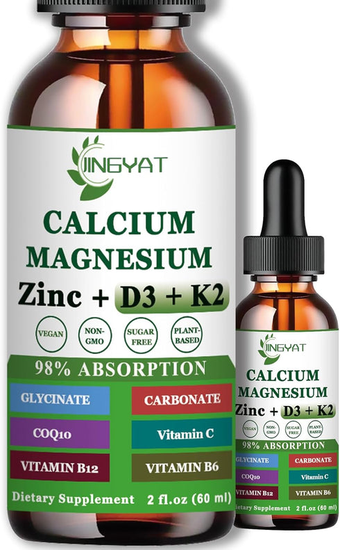 Calcium Magnesium Zinc Liquid Drops - 500mg Magnesium Glycinate, 1000mg Calcium with Vitamin D3, K2, B6, B12