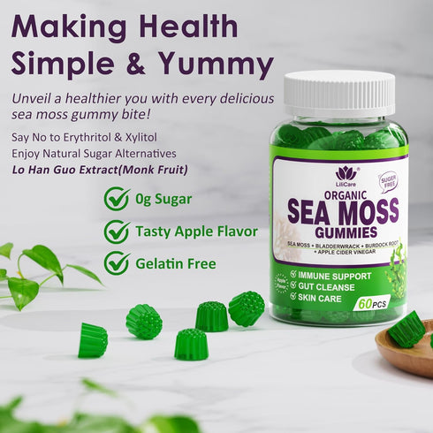 Sea Moss Gummies, Irish Sea Moss Supplement for Adults & Kids, Vegan with Organic Bladderwrack & Burdock Root