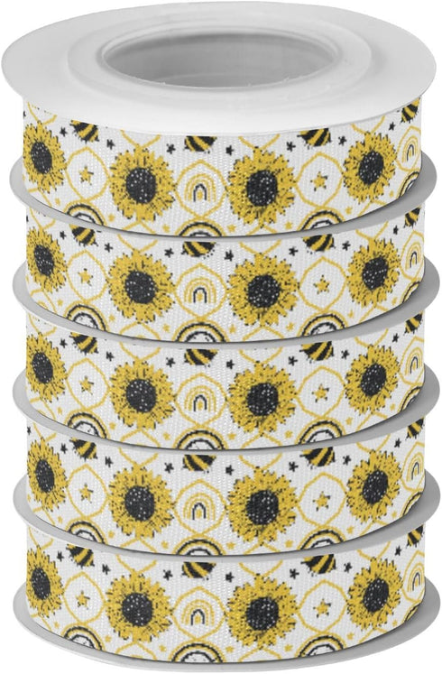 YKZEYK 1/2" 25 Ribbon for Gift Wrapping Bees White Sunflowers Print Fabric Ribbon Yards, Gift Wrap Ribbons Thick
