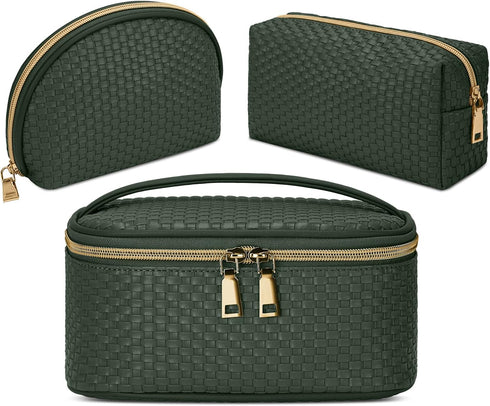 KTMOUW 3 Pcs Waterproof Makeup Bag Set, Portable Travel Cosmetic Organizer Storage Bag for Women, Deep Green