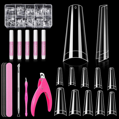 MORGLES Half Cover Coffin Nail Tips Set, 500 Pcs Clear Acrylic Nail Tips with Glue, Clipper, and Files