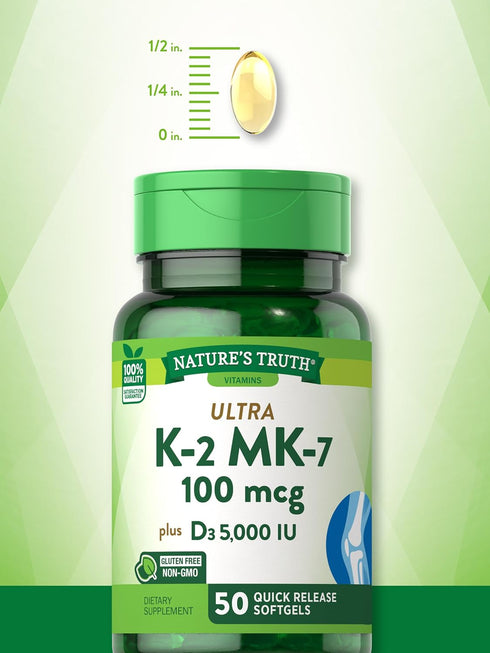 Vitamin K2 MK7 Complex, 100 mcg, 50 Softgels, with Vitamin D3, Non-GMO, Gluten Free Supplement, by Nature's Truth