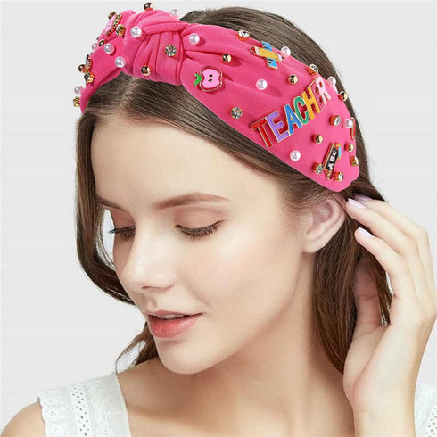 Teacher Headband with Crystal Pearl Knotted Design, Cute Book Pencil Charms, Teacher Appreciation Gifts (Pattern H)