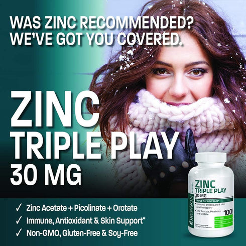 Bronson Zinc Triple Play 30 mg Immune Support Supplement with Zinc Acetate, Picolinate & Orotate - 100 Vegetarian