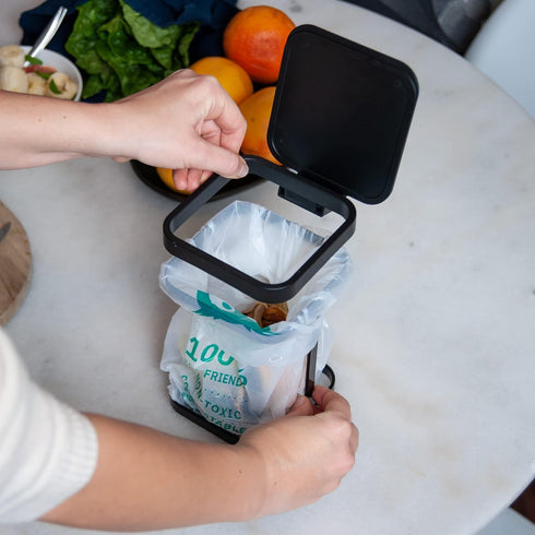 Countertop Compostable Yucksacks Bag Starter Kit, 0.5 Gal Small + Black Yucksack Holder