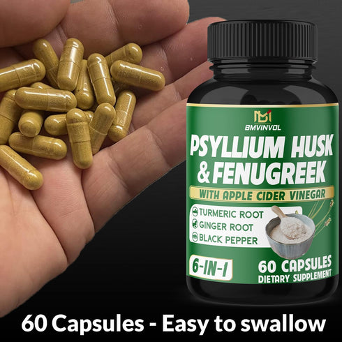 BMVINVOL Psyllium Husk Fiber Supplement with Fenugreek, Apple Cider Vinegar, Turmeric, Ginger, Black Pepper - 60