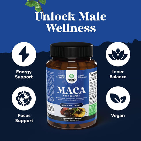Black Maca Root Capsules for Men, Herbal Enhancement Supplement with Siberian Ginseng, 30 Servings