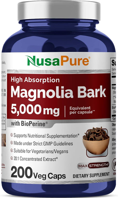 NusaPure Magnolia Bark 5000 mg - 200 Vegan Vegetarian Caps, Non-GMO