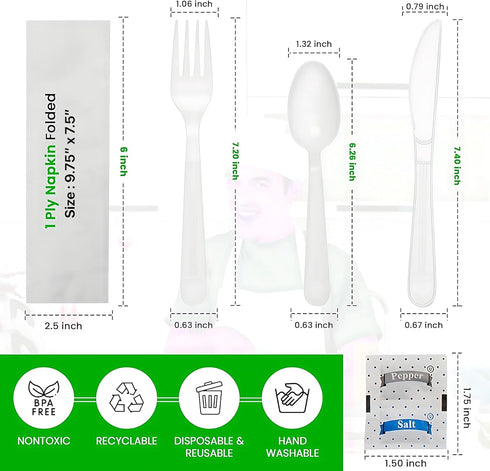 Plastic Utensils Silverware Wrapped Combo Set Bulk Variety Pack Disposable Cutlery Party Supply Heavy Duty Forks, Spoons, Knives, Napkins, Salt and Pepper (50, White - Set A) by Pokanic