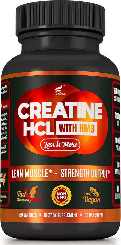 Creatine HCL Capsules with HMB, 180 Vegan Capsules - Workout Supplement for Men & Women, Muscle Builder, Endurance,