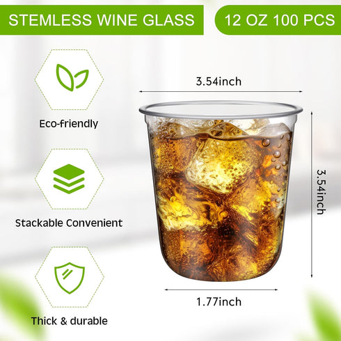 Stemless 12oz Supplies(Clear,100 Ziliny Disposable Glasses Crystal Plastic Wine Glasses Clear Classic Pet Cup
