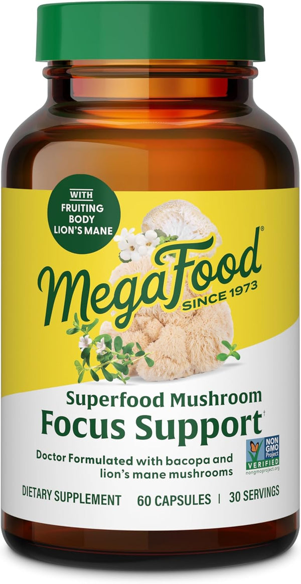 MegaFood Superfood Mushroom Focus Support - 60 Capsules - Doctor Formulated Lions Mane Supplement with Clinically