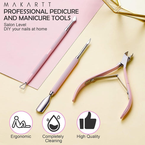 Makartt Cuticle Trimmer with Pusher, 3 PCS Pink Nail Tools for Professional Manicure & Pedicure