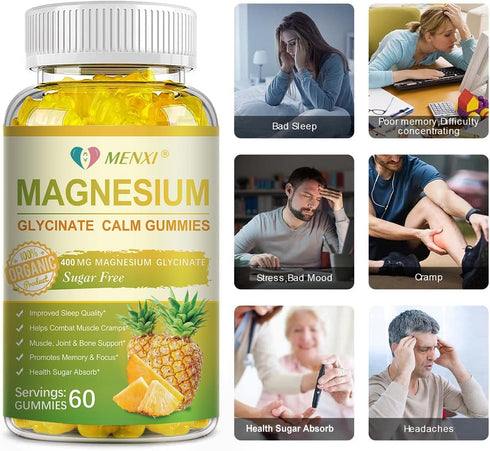 Magnesium Glycinate Gummies 400mg - Sugar Free Magnesium Taurate, Malate with Vitamin D, B6, CoQ10, 120 Gummies