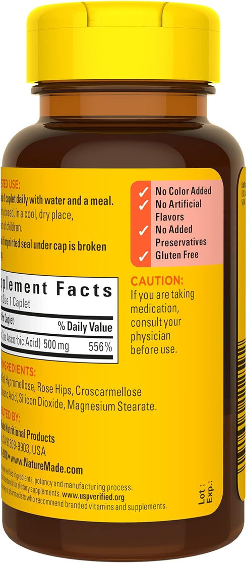 Nature Made Vitamin C 500 mg with Rose Hips | 130 Caplets | Dietary Supplement for Immune Support