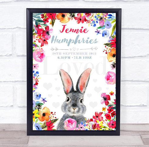The Card Zoo New Baby Birth Details Christening Nursery Floral Bunny Keepsake Gift Print