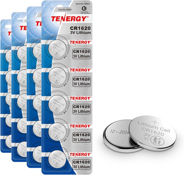 Tenergy CR1620 3V Lithium Button Cell Battery, 20 Pack for Car Keys, Watches, Calculators, Remote Controls
